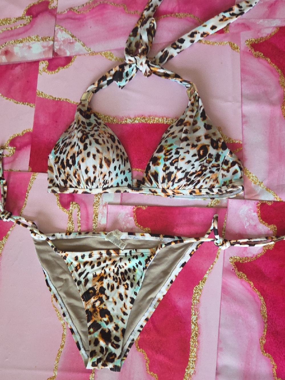 Victoria's Secret Leopard Print Triangle Bikini - Mint, Tan, Black